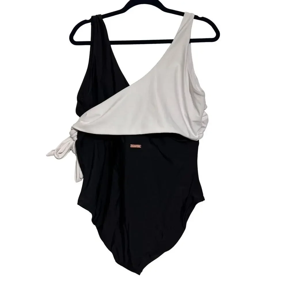 RAISINS CURVE One Piece Swimsuit 20W Black White Wrap Tummy Control NWT
